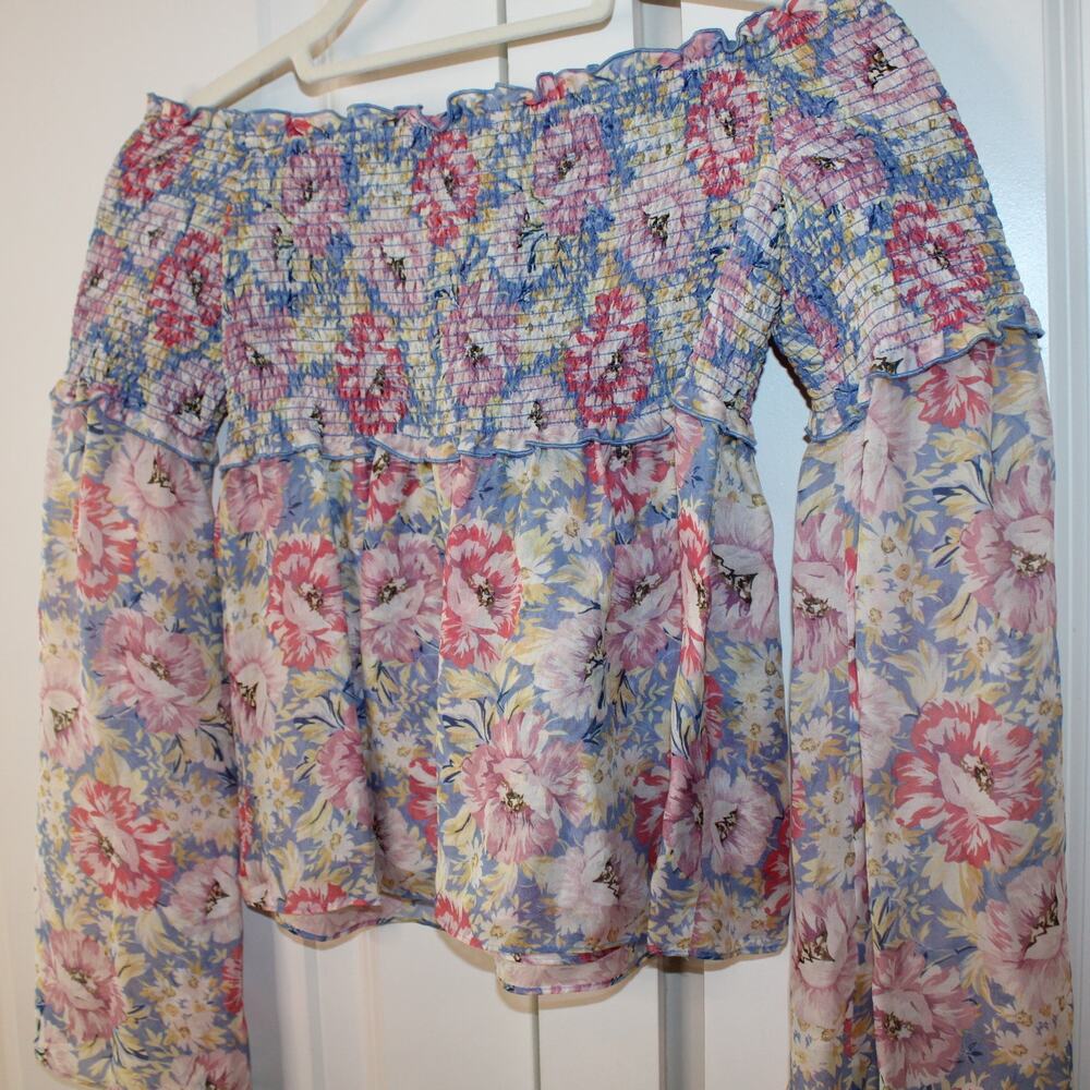 INTERMIX Lucy Silk Off-the-Shoulder Smocked Floral Long Sleeve Top | Small - Picture 8 of 10